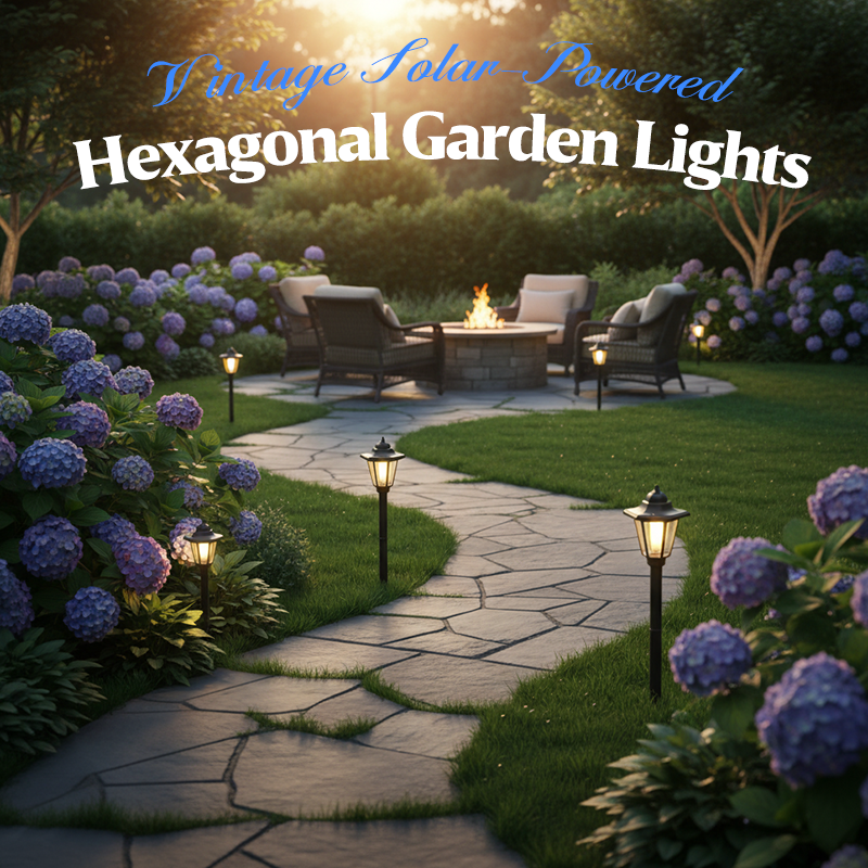 A set of Arenzza vintage solar-powered hexagonal garden lights illuminating a garden pathway at dusk.