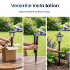 A set of vintage solar-powered hexagonal garden lights by Arenzza, illuminating a garden path with warm glow.