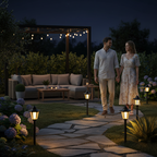 A set of Arenzza vintage solar-powered hexagonal garden lights illuminating a garden pathway with warm glow at dusk.