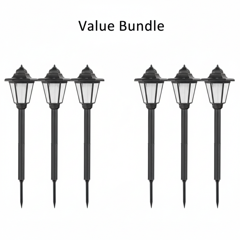 A set of vintage solar-powered hexagonal garden lights by Arenzza illuminating a garden pathway at dusk.