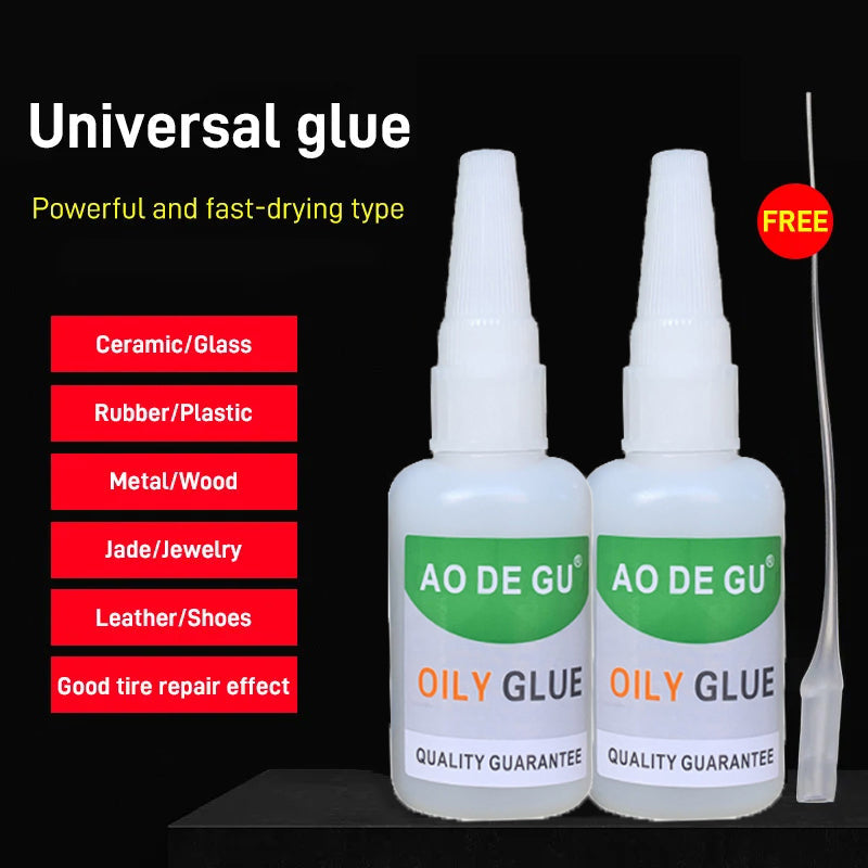 Arenzza oil-based universal adhesive in a clear bottle, shown with a brush applicator and labeled for tools and garden applications.