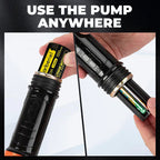 Arenzza battery-powered liquid transfer pump in black and yellow, with flexible hose and auto-stop feature for fuel, water, and oil.