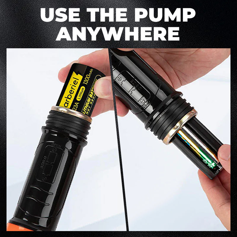Arenzza battery-powered liquid transfer pump in black and yellow, with flexible hose and auto-stop feature for fuel, water, and oil.