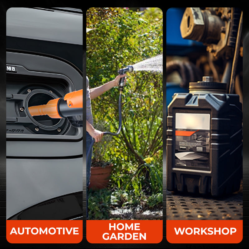 Arenzza battery-powered liquid transfer pump for fuel, water, and oils, featuring auto-stop and compact tool design.