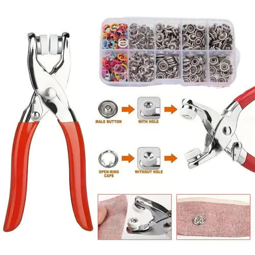 Arenzza metal snap buttons with fastener pliers tool kit for fabric and leather crafts, featuring various snap button sizes and tools.