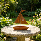 Rustic metal sailboat planter by Arenzza, weather-resistant, ideal for succulents, herbs, or flowers in garden or shelf decor.