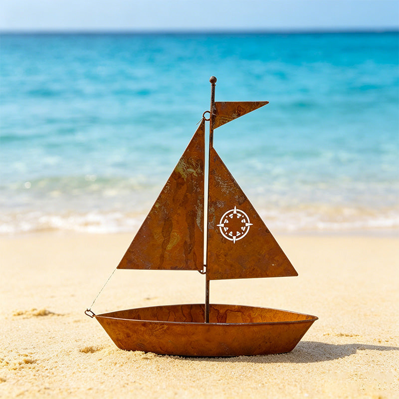 Rustic metal sailboat planter by Arenzza, weather-resistant, perfect for succulents, herbs, or flowers, ideal for garden or shelf decor.