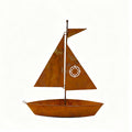 Rustic metal sailboat planter by Arenzza, weather-resistant and handcrafted, ideal for succulents, herbs, or flowers in garden or shelf decor.