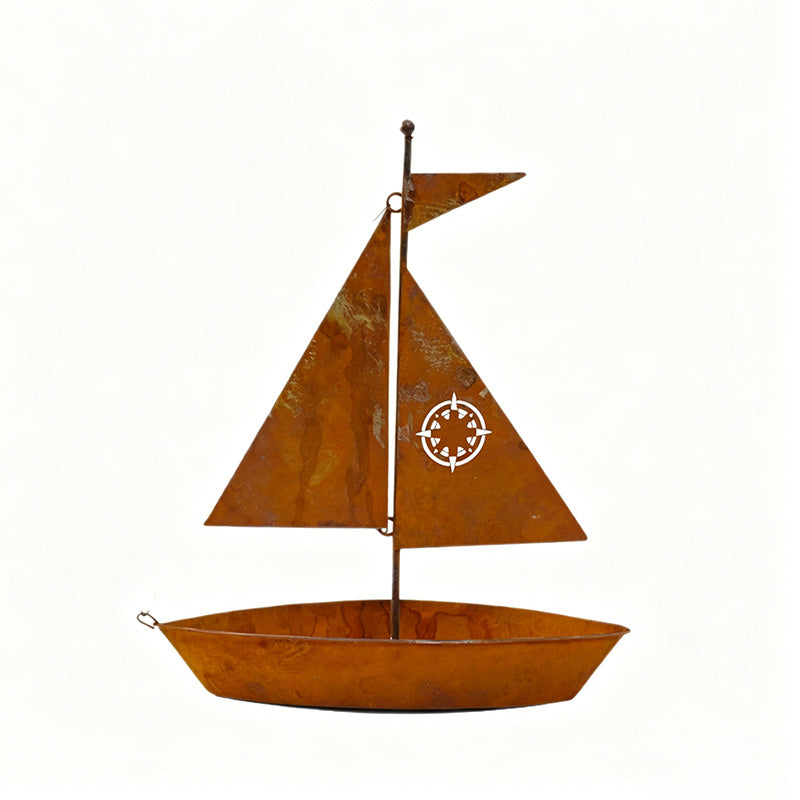 Rustic metal sailboat planter by Arenzza, weather-resistant and handcrafted, ideal for succulents, herbs, or flowers in garden or shelf decor.