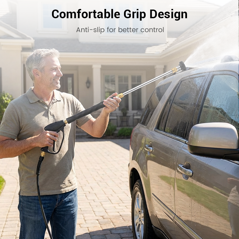 Arenzza high-pressure water gun with three interchangeable nozzles, durable aluminum alloy body, suitable for gardening and cleaning tasks.
