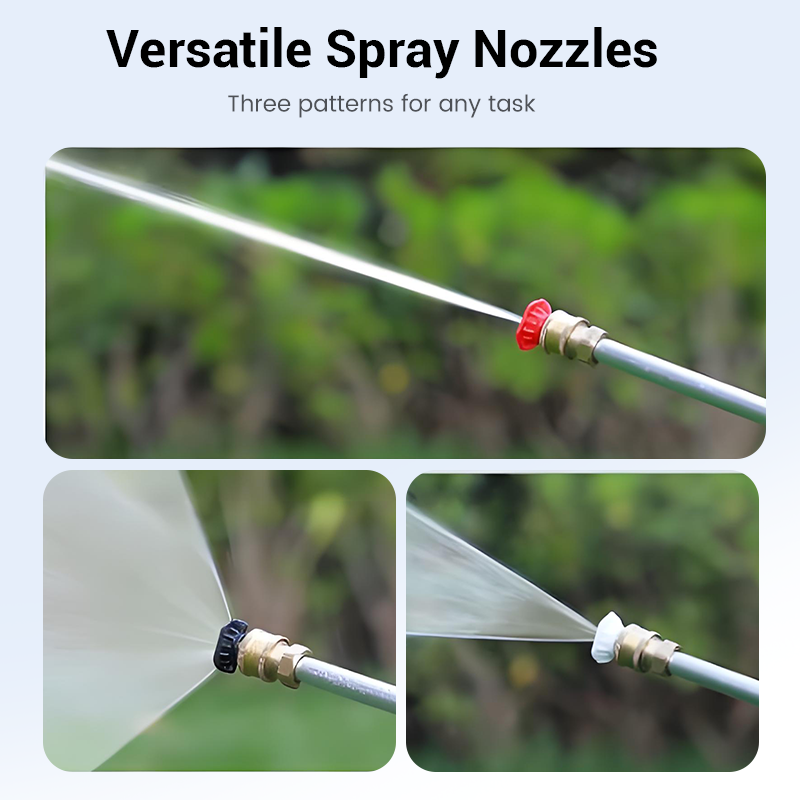 Arenzza high-pressure water gun with three nozzles, durable aluminium alloy body, designed for garden and outdoor cleaning tasks.