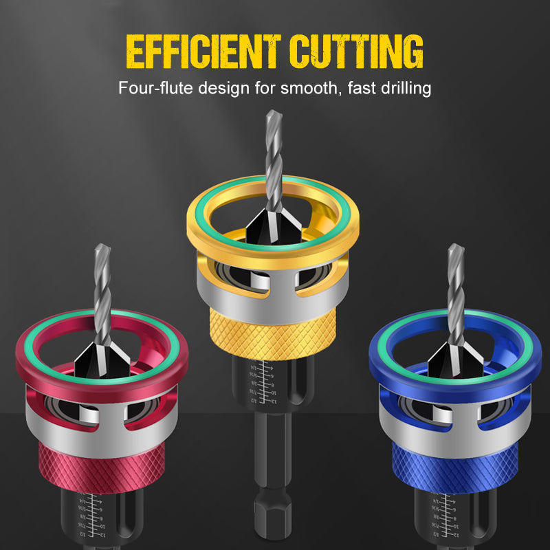 Arenzza 4-piece wood countersink drill bit set with depth stop, showing metal bits with black and silver finish for woodworking projects.