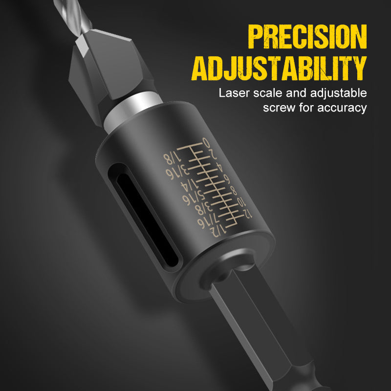 Arenzza 4-piece wood countersink drill bit set with depth stop, showing metal drill bits for woodworking projects.