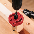 Arenzza self-centering dowel jig kit for precision drilling and perfect wood joints, showing the jig and drill bits on a work surface.
