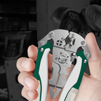 Arenzza multifunctional folding wire strippers with built-in voltage tester, tool for electrical work and gardening tasks.