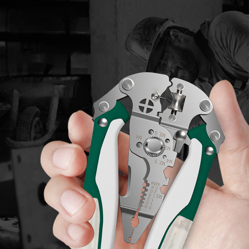 Arenzza multifunctional folding wire strippers with built-in voltage tester, tool for electrical work and gardening tasks.