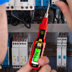 Arenzza non-contact voltage tester with LCD display showing test results in a tools and garden setting, handheld device for electrical testing.