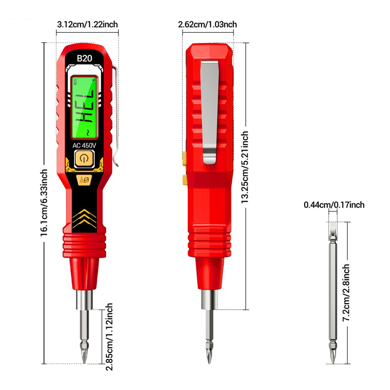 Arenzza non-contact voltage tester with LCD display showing voltage detection in a hand-held tool for electrical testing.