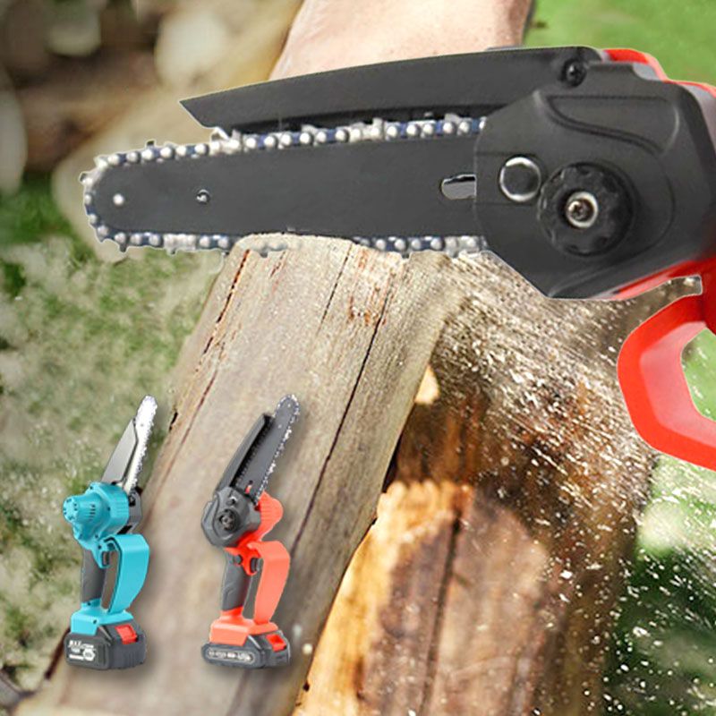 Arenzza Mini 6-inch rechargeable chain saw with battery, compact garden tool for cutting branches and small logs.