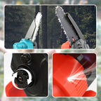Arenzza mini 6-inch rechargeable chain saw with battery, ideal for tools and garden tasks, shown with the saw's blade and handle.