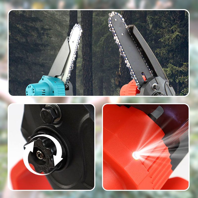 Arenzza mini 6-inch rechargeable chain saw with battery, ideal for tools and garden tasks, shown with the saw's blade and handle.