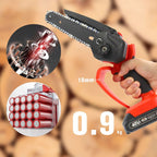 Arenzza Mini 6-inch rechargeable chain saw with battery included, compact handheld tool for garden and cutting tasks.