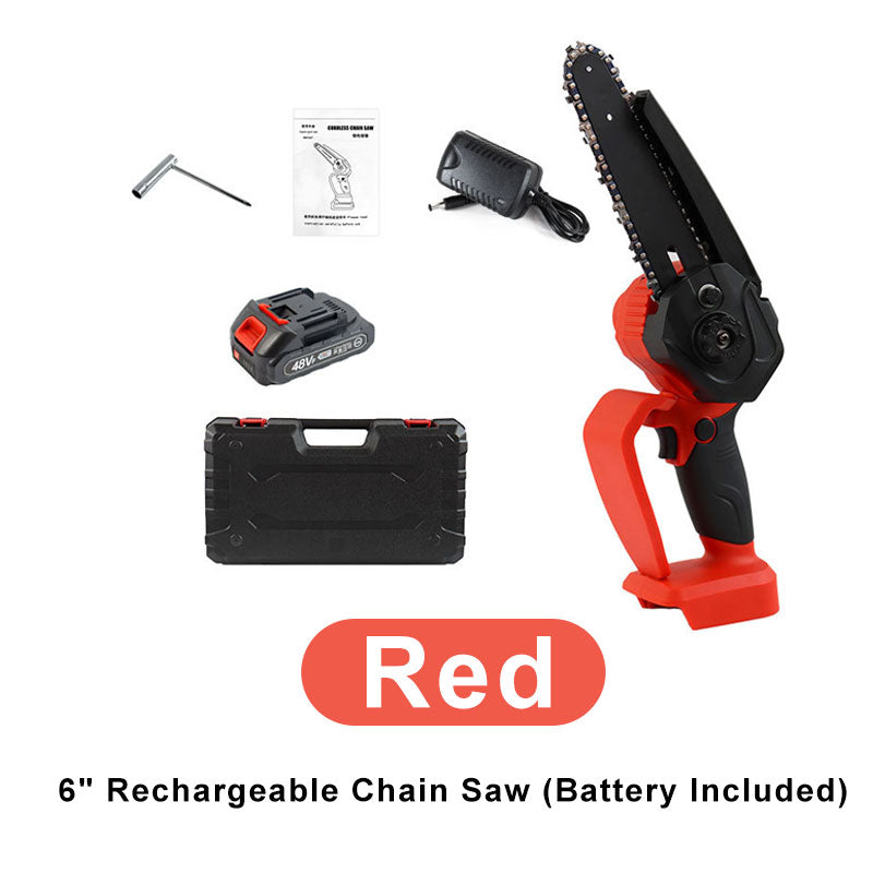 Arenzza mini 6-inch rechargeable chainsaw with battery included, ideal for gardening and cutting tasks.