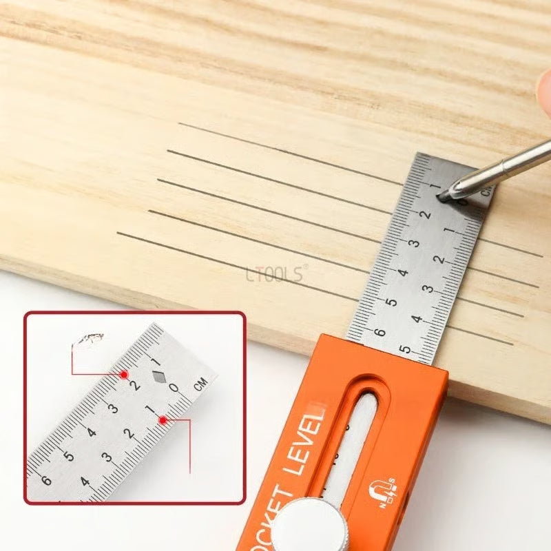 Arenzza multifunctional marking level ruler for tools and garden use, showing a close-up of the measuring and marking features.