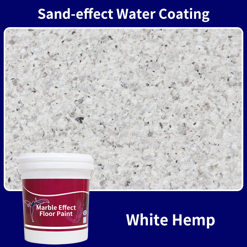 Arenzza marble-patterned mortar paint applied on indoor wall and outdoor floor surfaces, showcasing its decorative finish.