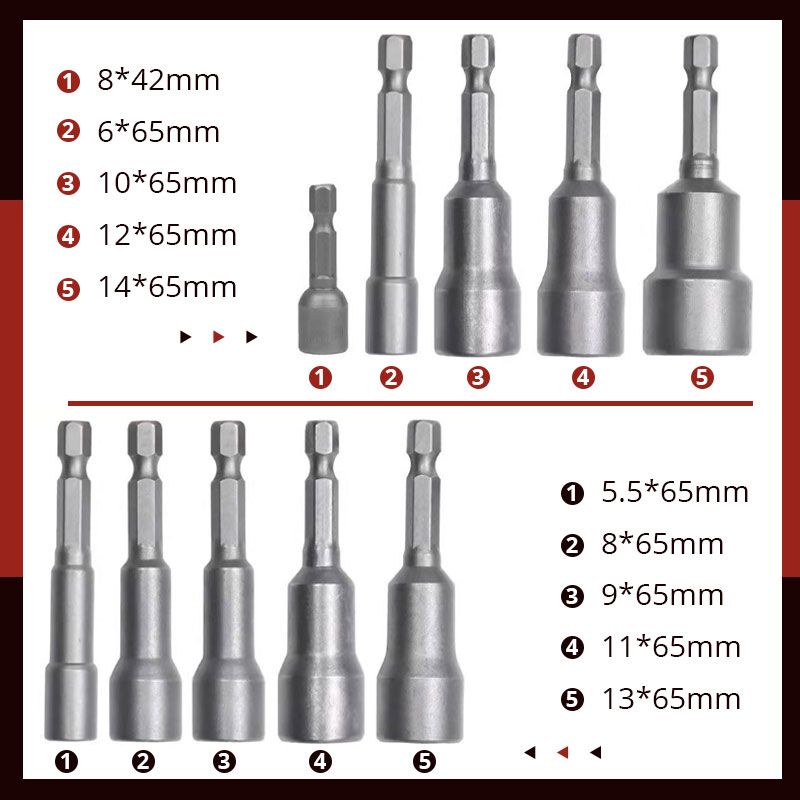 Set of 5 Arenzza magnetic hexagon nut driver bits for tools and garden use, showing various sizes with magnetic tips.