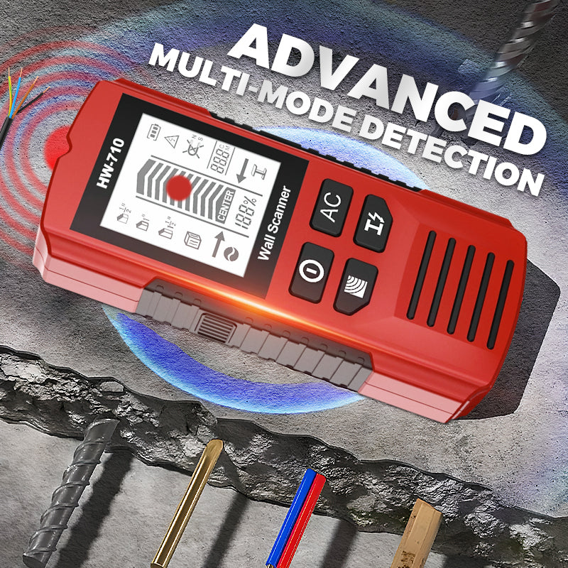Arenzza multifunctional handheld metal and wall detector tool showing a close-up of the device with metal detection sensors.