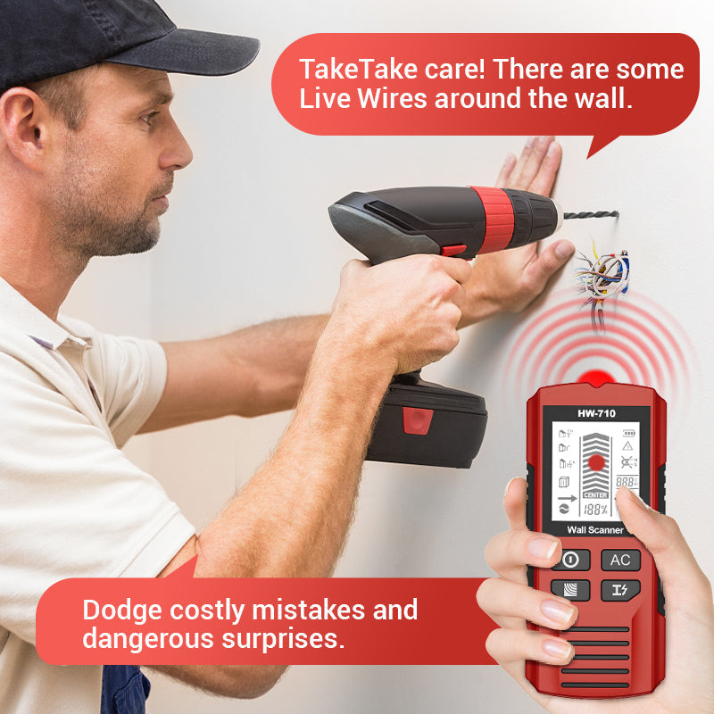 Arenzza multifunctional handheld metal and wall detector tool showing display screen and sensors for detecting metal objects in walls.