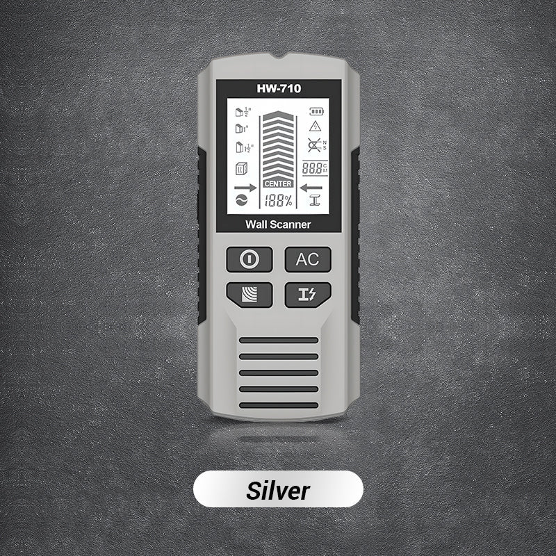 Arenzza multifunctional handheld metal and wall detector tool showing display screen and detection sensors in use.