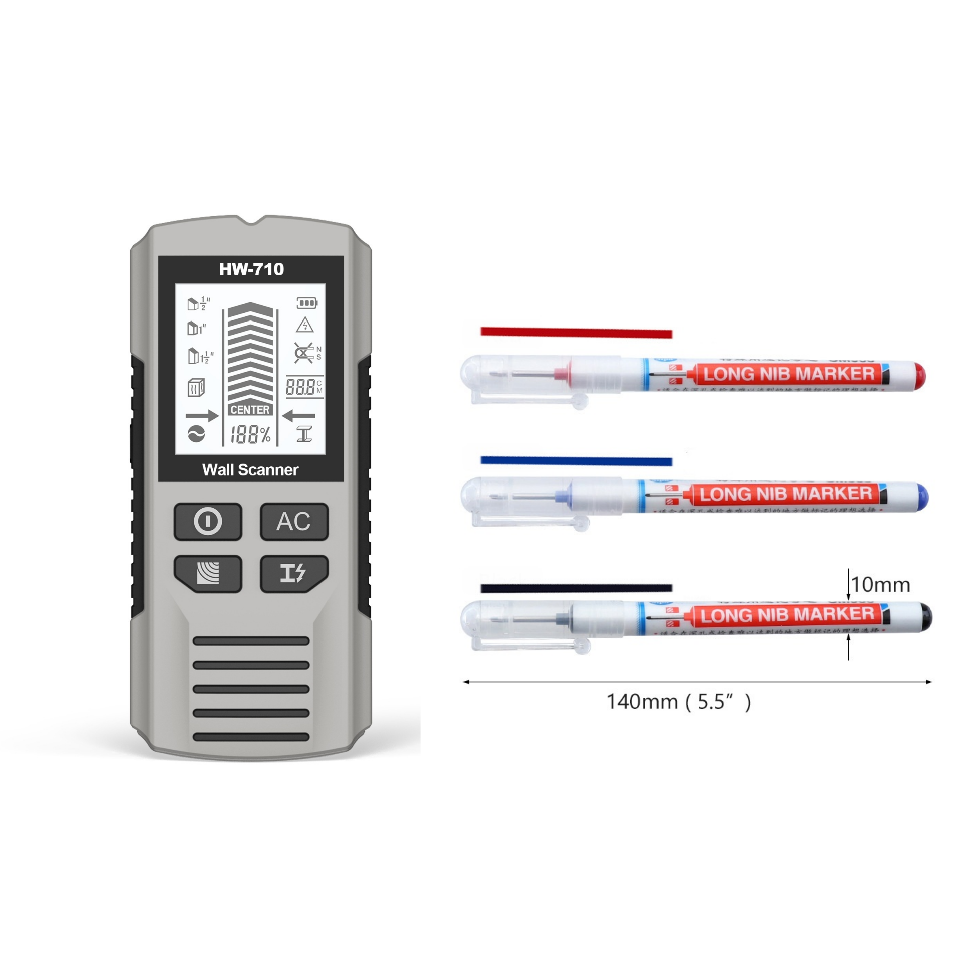Arenzza multifunctional handheld metal and wall detector, black device with display screen, used for locating metal objects in walls and surfaces.