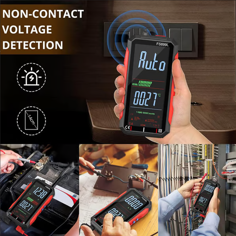 Arenzza USB rechargeable digital multimeter showing digital display, measurement ports, and selection dial in a tools and garden setting.