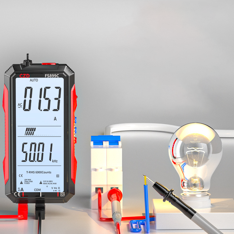 Arenzza USB rechargeable digital multimeter showing digital display, test leads, and measurement dial for electrical testing and troubleshooting.