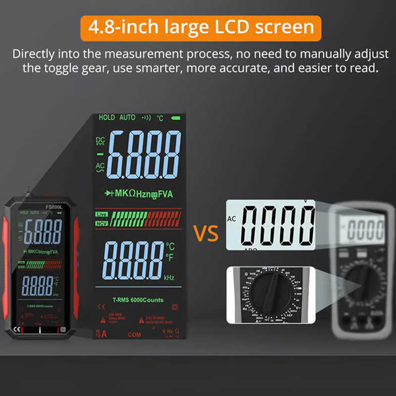 Arenzza USB rechargeable digital multimeter with digital display, test leads, and control buttons for electrical measurements.