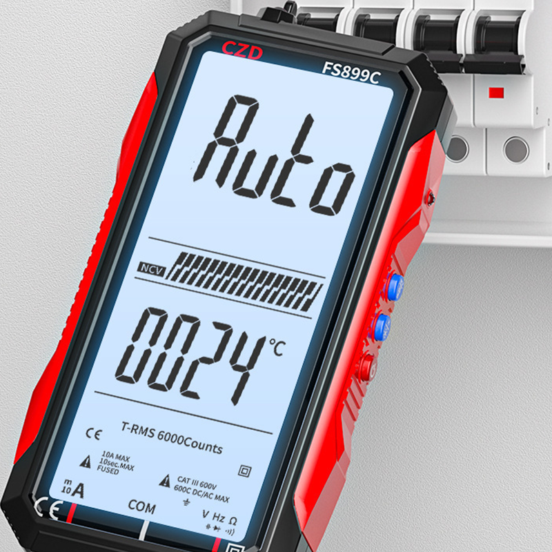 Arenzza USB rechargeable digital multimeter showing digital display probes and measurement controls, used for electrical testing.