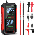 Arenzza USB rechargeable digital multimeter showing digital display with measurement probes in a Tools & Garden setting.