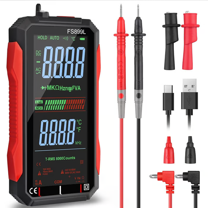 Arenzza USB rechargeable digital multimeter showing digital display with measurement probes in a Tools & Garden setting.