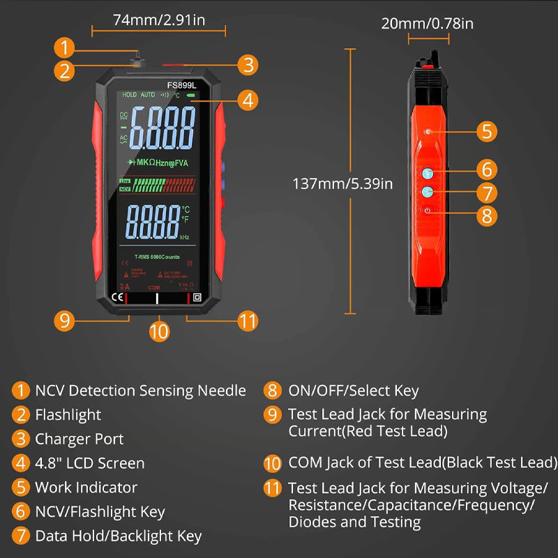 Arenzza USB rechargeable digital multimeter with digital display, test leads, and controls, used for electrical measurements.