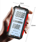 Arenzza USB rechargeable digital multimeter displaying measurement readings, compact tool for electronics testing and troubleshooting.