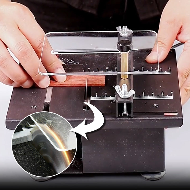 Arenzza multi-functional mini precision table saw for tools and garden projects, showing the compact saw with its blade and stand.