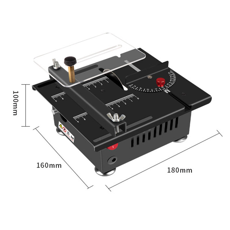 Arenzza multi-functional mini precision table saw with adjustable blade and safety guard for woodworking and craft projects.
