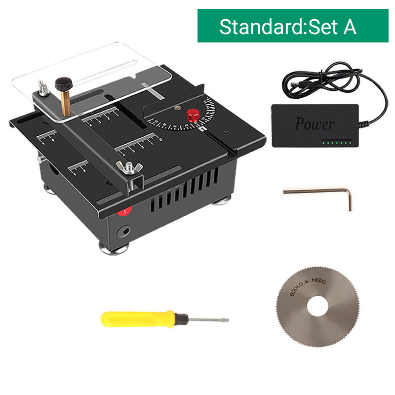 Arenzza multi-functional mini precision table saw with adjustable blade and safety guard, ideal for detailed woodworking projects.