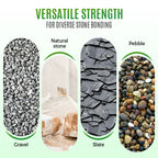 Arenzza clear waterproof rock glue and garden tools for landscaping, shown in a garden setting with rocks and adhesive application.