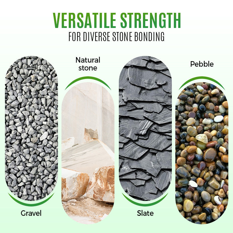 Arenzza clear waterproof rock glue and garden tools for landscaping, shown in a garden setting with rocks and adhesive application.