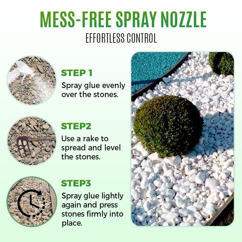 Arenzza waterproof rock glue for landscaping, shown applied to garden stones in a tools and garden setting.