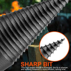 Arenzza firewood drill bit with hex shank, designed for wood splitting, shown in use with wood logs and garden tools.