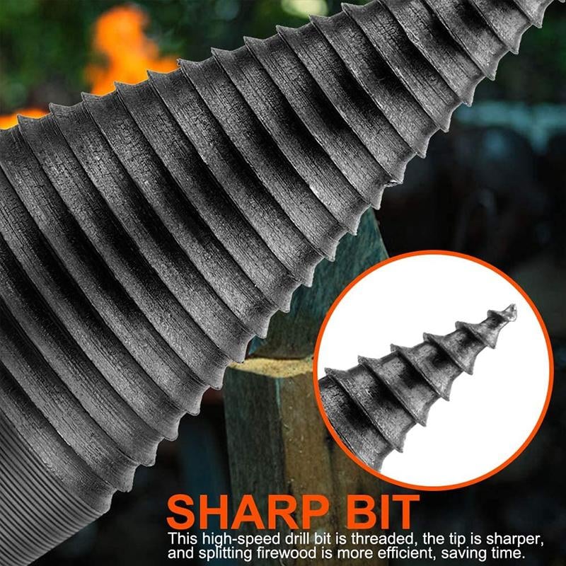 Arenzza firewood drill bit with hex shank, designed for wood splitting, shown in use with wood logs and garden tools.